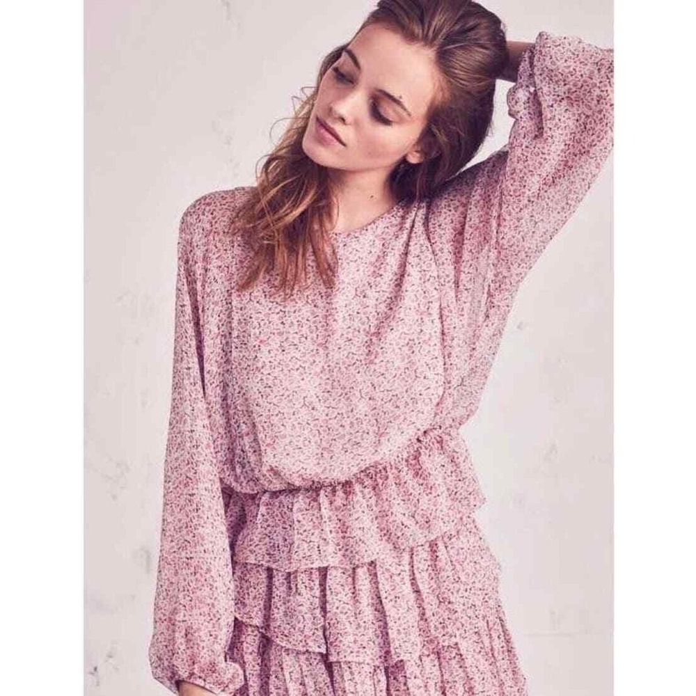 LoveShackFancy Blouse Women Extra Small Pink Floral Silk Peplum Long Sleeve